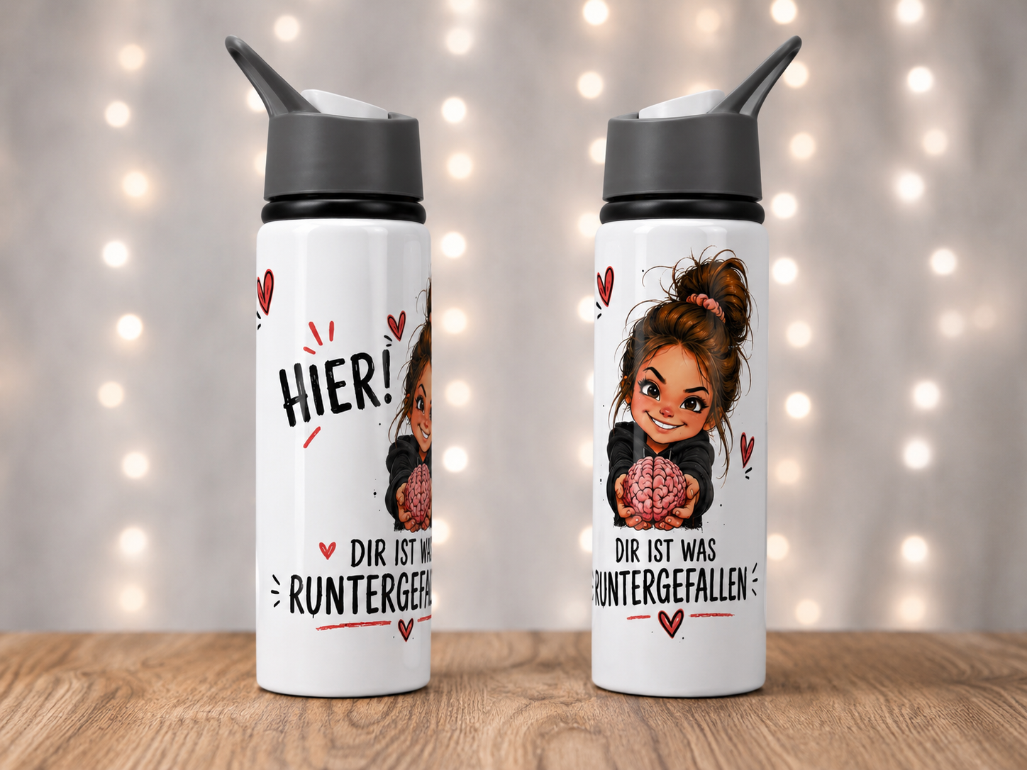 Freche Trinkflasche 600 ml | „Dir ist was runtergefallen – Hier! Dein Gehirn“ | Aluminium Wasserflasche mit Cartoon-Motiv