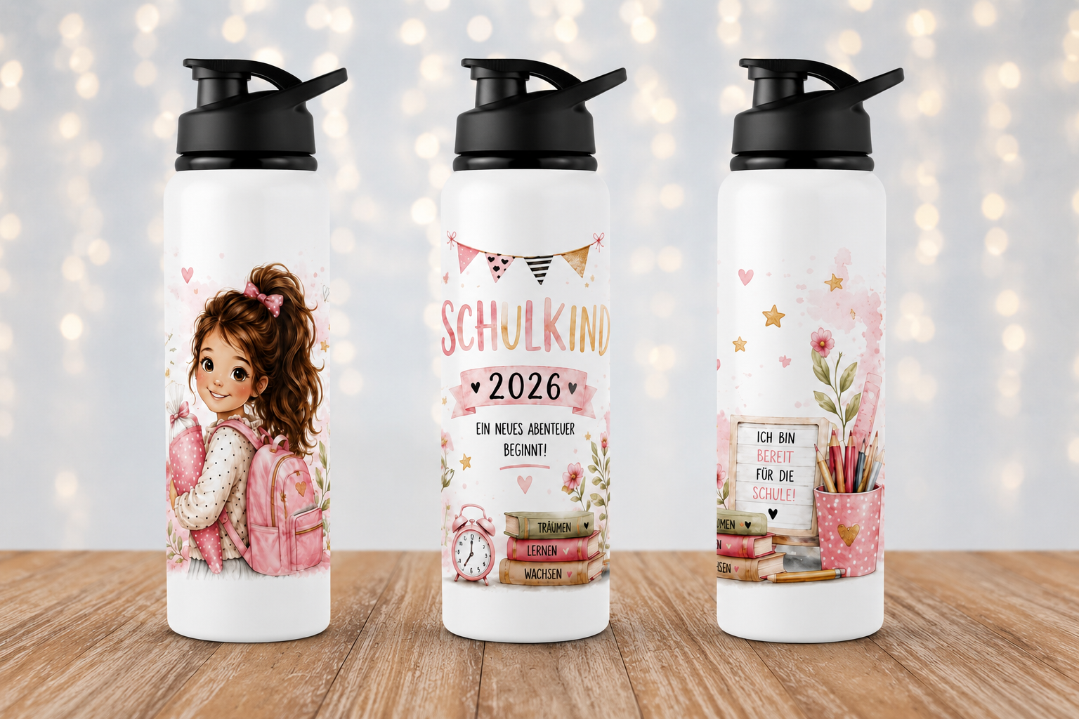 Schulkind 2026 Trinkflasche für Mädchen | Optional mit Namen | 750ml Aluminiumflasche