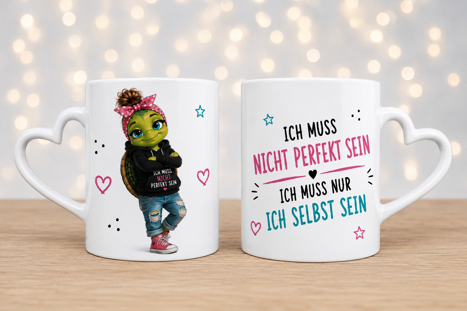 Schildkröten Tasse „Ich muss nicht perfekt sein, ich muss nur ich selbst sein“ | Herzhenkel Keramiktasse